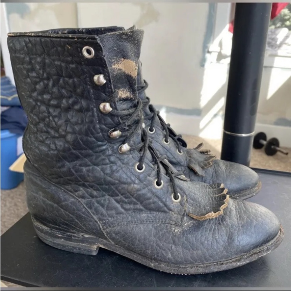 COWTOWN BOOTS Vintage Black Lace-Up Western Roper Boots Women's Size 7 1/2 D